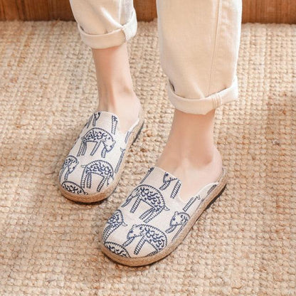 Stevvex Women Linen Mules with blue rope embroidery on cream canvas, espadrille sole pair on Tampa Home & Garden Store