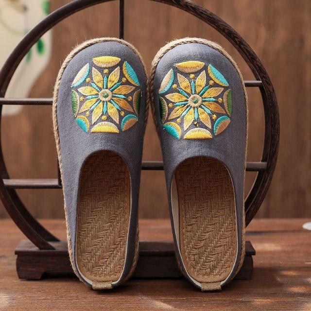Stevvex women linen mules with blue-gray upper and embroidered motif, espadrille sole on Tampa Home & Garden Store