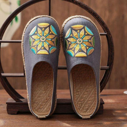 Stevvex women linen mules with blue-gray upper and embroidered motif, espadrille sole on Tampa Home & Garden Store