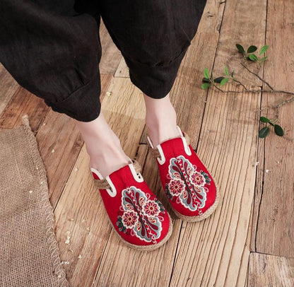Women red linen mules with embroidered floral pattern espadrille-style slippers Stevvex on Tampa Home & Garden Store