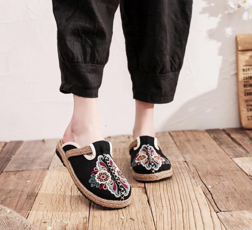 Stevvex women's linen mule with embroidered floral design rope-sole espadrille on Tampa Home & Garden Store