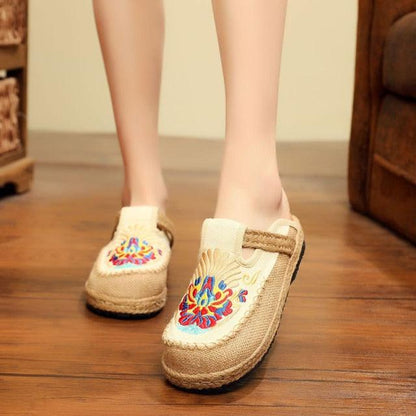 Women casual linen handmade mules with floral embroidery, beige espadrille slippers Stevvex on Tampa Home & Garden Store