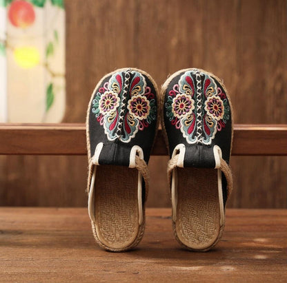 Stevvex women linen handmade mules black embroidered canvas espadrille slippers pair on Tampa Home & Garden Store