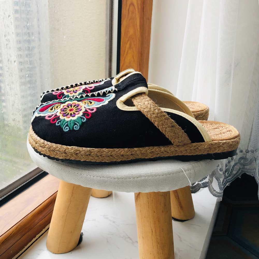 Stevvex women's casual linen mules with embroidered black upper and espadrille jute sole on Tampa Home & Garden Store