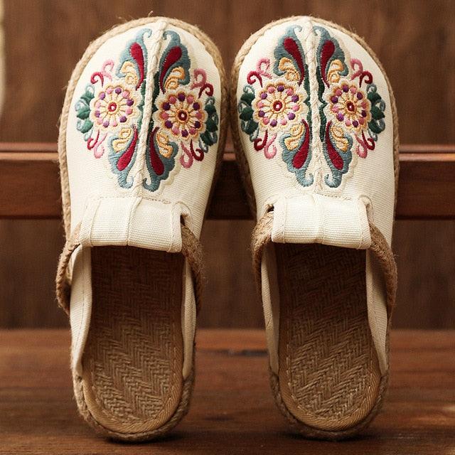 Women's embroidered linen espadrille mules in cream with floral embroidery, Stevvex on Tampa Home & Garden Store