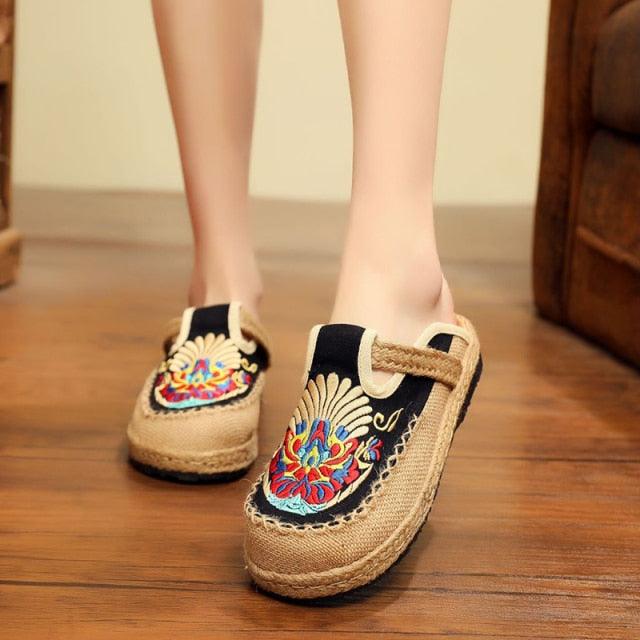 Stevvex women's linen espadrille mules in beige canvas with colorful floral embroidery pair on Tampa Home & Garden Store