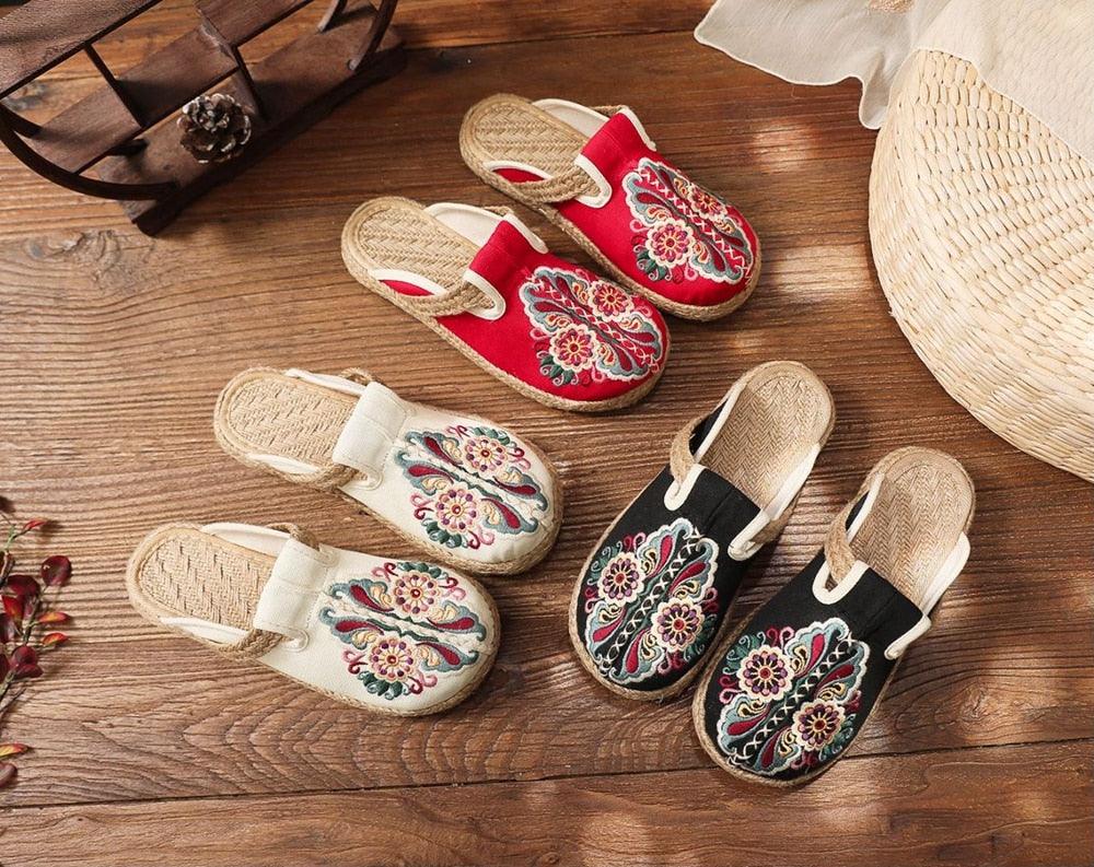 Women linen espadrille slippers Stevvex embroidered floral pattern red/white/black set of 4 on Tampa Home & Garden Store