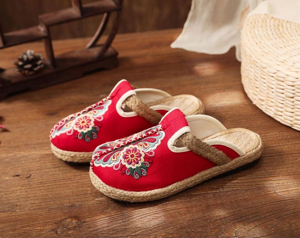 Women red embroidered linen mules with floral motif and jute espadrille sole on Tampa Home & Garden Store