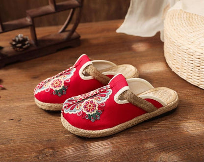 Women red embroidered linen mules with floral motif and jute espadrille sole on Tampa Home & Garden Store