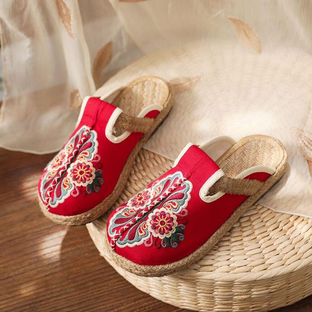 Stevvex red embroidered linen slippers with jute espadrille soles, two pairs, floral pattern on Tampa Home & Garden Store