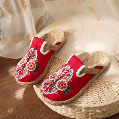 Stevvex red embroidered linen slippers with jute espadrille soles, two pairs, floral pattern on Tampa Home & Garden Store