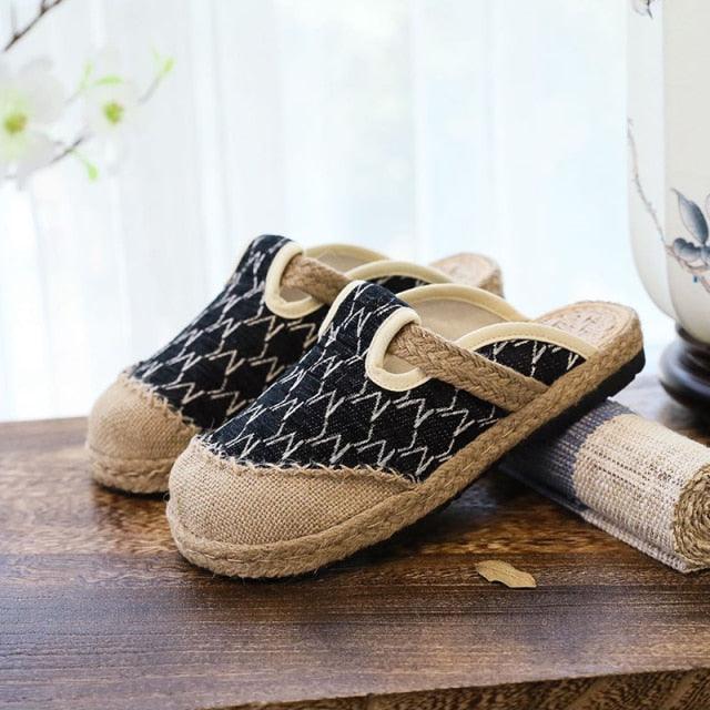 Stevvex women's linen mules with black zigzag canvas upper and natural jute sole on Tampa Home & Garden Store