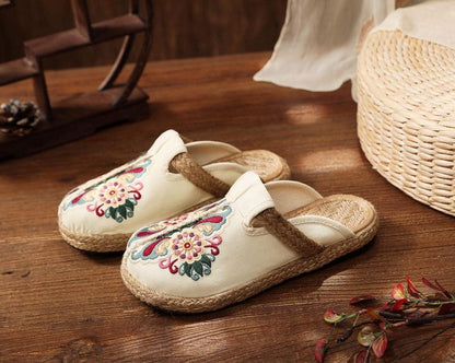 Stevvex women linen mules with embroidered floral design, cream canvas, jute espadrille sole pair on Tampa Home & Garden Store