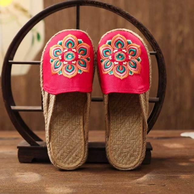 Women's two red embroidered linen mules with jute espadrille soles, handmade slippers on Tampa Home & Garden Store