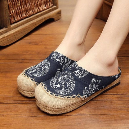 Stevvex women linen espadrille mules navy canvas with jute sole on Tampa Home & Garden Store