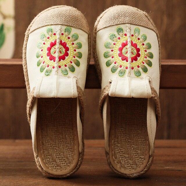 Women linen handmade mules beige embroidered slippers Stevvex pair on Tampa Home & Garden Store