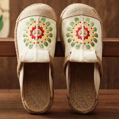 Women linen handmade mules beige embroidered slippers Stevvex pair on Tampa Home & Garden Store