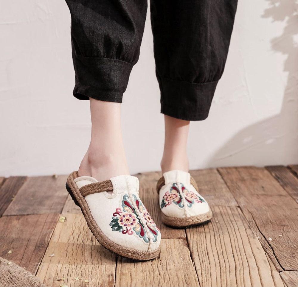 Stevvex women's linen mules with floral embroidery, cream canvas upper, jute sole pair on Tampa Home & Garden Store