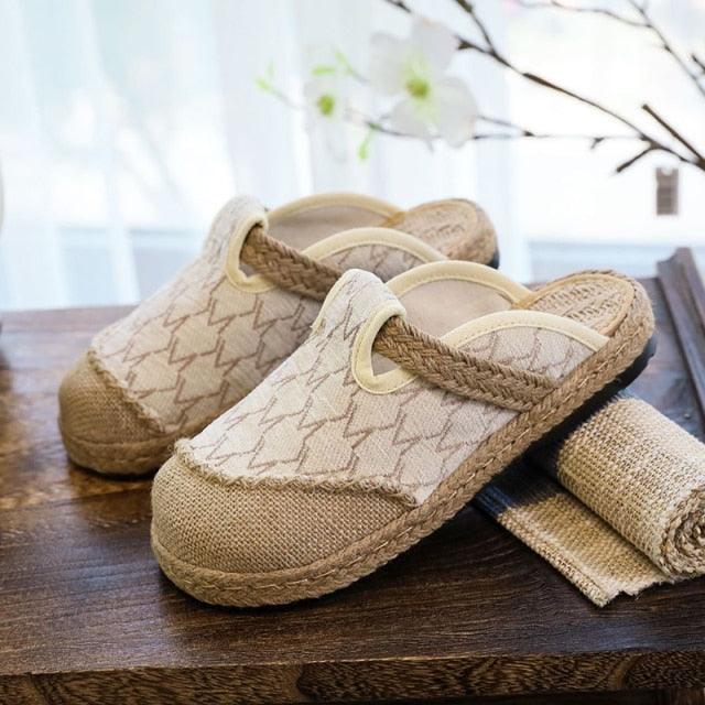 Stevvex Women Linen Handmade Mules slippers with jute sole beige canvas upper 2 pairs on Tampa Home & Garden Store