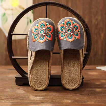 Stevvex women's linen mule slippers pair with embroidered top gray canvas and jute espadrille sole on Tampa Home & Garden Store