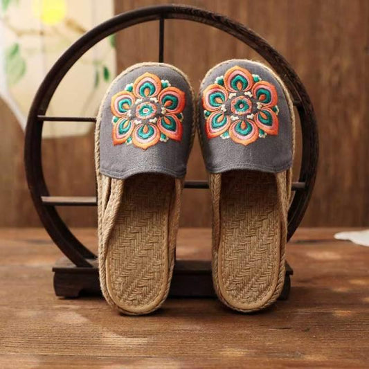 Stevvex women's linen mule slippers pair with embroidered top gray canvas and jute espadrille sole on Tampa Home & Garden Store