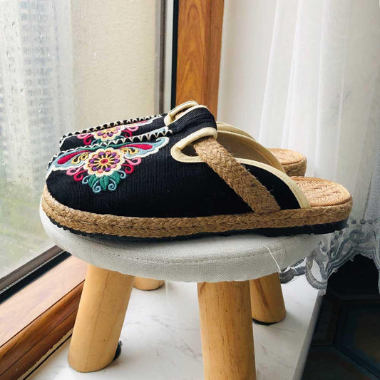 Black linen espadrille mule with colorful floral embroidery, beige straps and jute sole on Tampa Home & Garden Store