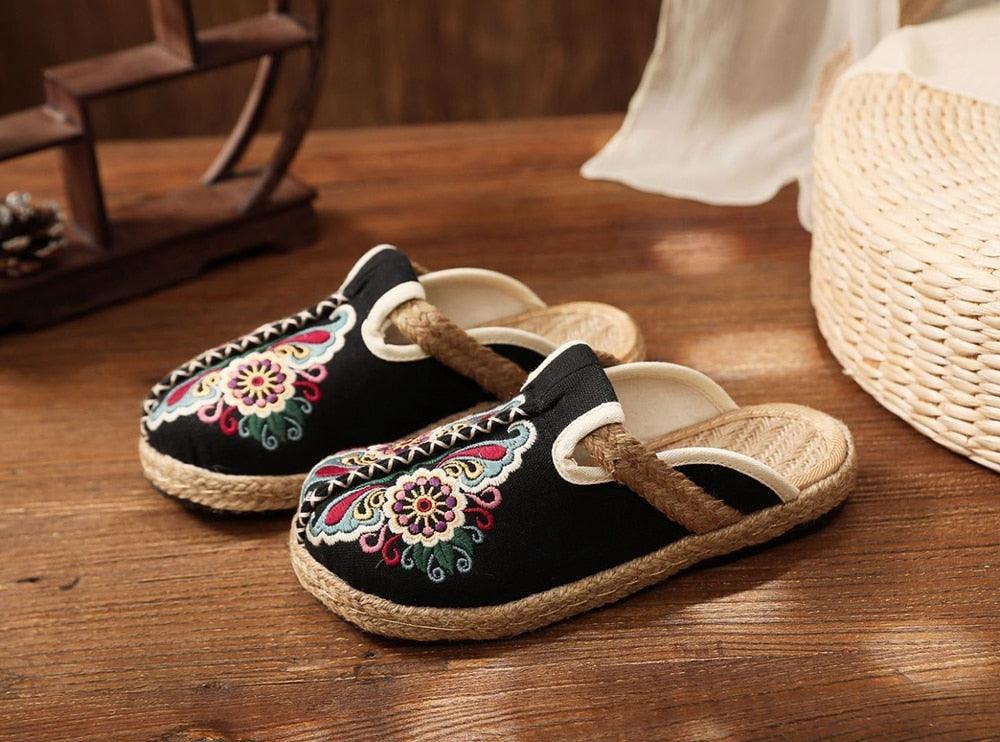 Embroidered linen slippers pair by Stevvex with floral embroidery and jute espadrille sole on Tampa Home & Garden Store