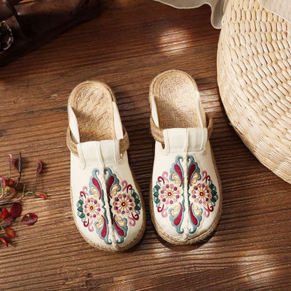 Stevvex linen handmade mules, embroidered canvas with floral motif and jute sole pair Garden on Tampa Home & Garden Store