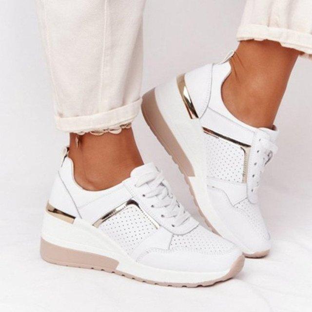 Stevvex white casual sneakers pair with perforated upper and metallic heel platform on Tampa Home & Garden Store