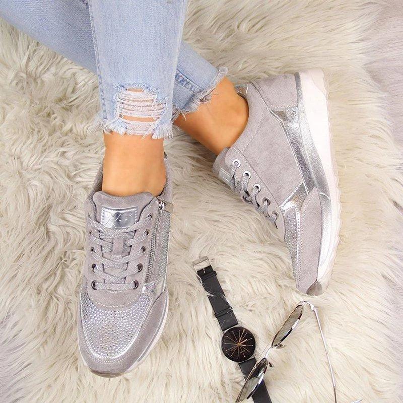 Stevvex women's gray metallic lace-up sneakers with side zipper and chunky sole on Tampa Home & Garden Store