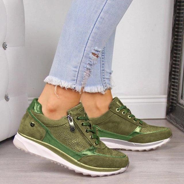 Stevvex women casual sneakers olive green platform vulcanized lace-up side zipper on Tampa Home & Garden Store