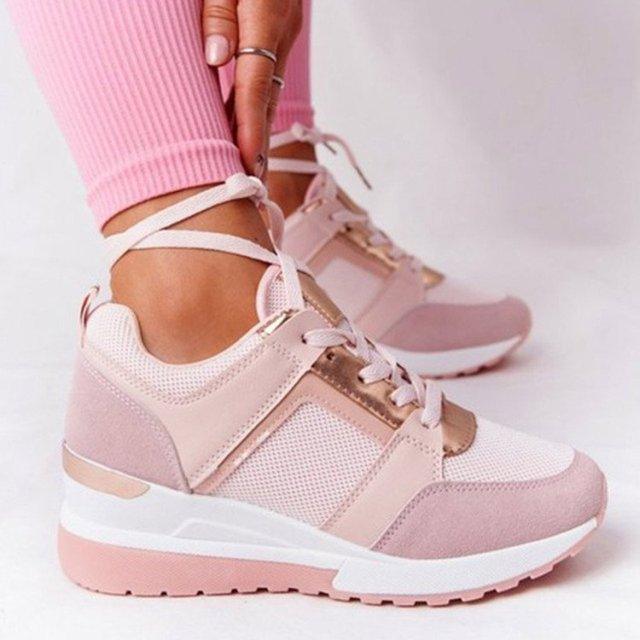 Stevvex women's pink lace-up sneakers with zipper, mesh suede panels, thick platform sole pair on Tampa Home & Garden Store