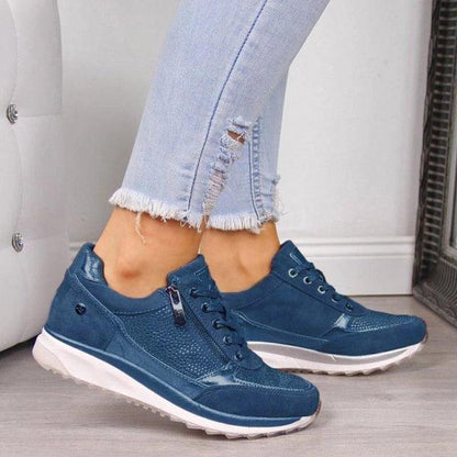 Stevvex women blue casual sneakers lace-up with side zipper and thick white sole on Tampa Home & Garden Store