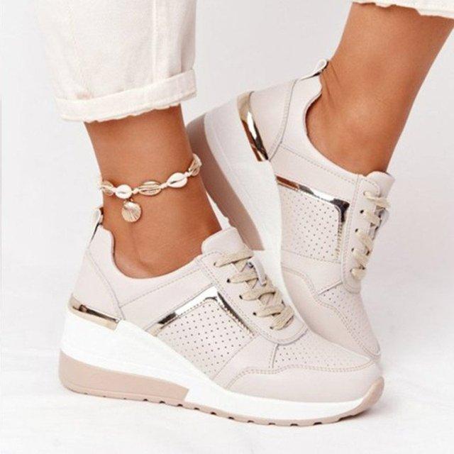 Stevvex beige platform sneakers with panels and metallic heel accents on chunky sole on Tampa Home & Garden Store