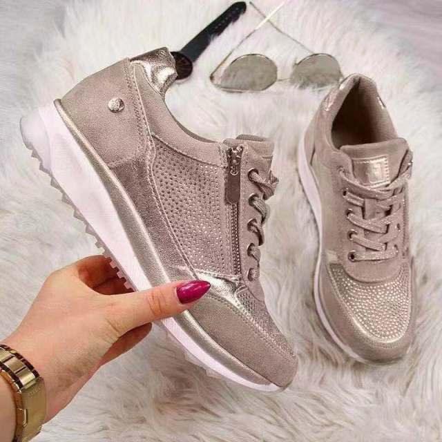Stevvex women's metallic beige sneakers with side zipper, lace-up, chunky sole pair on Tampa Home & Garden Store