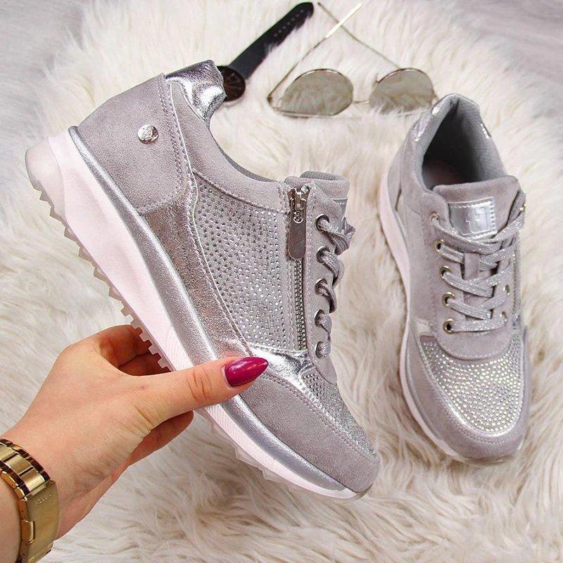 Women silver metallic lace-up sneakers with side zipper, chunky platform sole and round toe on Tampa Home & Garden Store