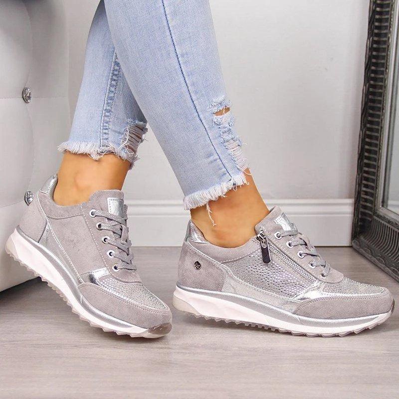 Stevvex women casual sneakers gray suede with side zipper, lace-up front, thick platform sole pair on Tampa Home & Garden Store