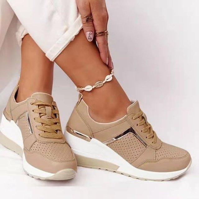 Stevvex beige platform sneakers with lace-up and side zipper, round toe, thick white sole on Tampa Home & Garden Store