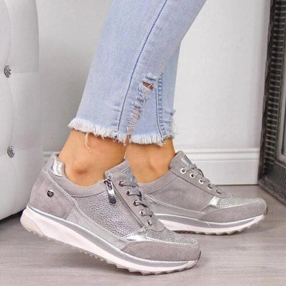 Stevvex women silver metallic lace-up sneakers with side zipper, round toe, thick platform sole on Tampa Home & Garden Store