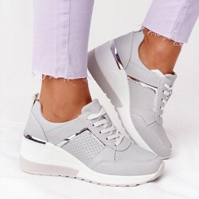 Stevvex women's grey lace-up sneakers with metallic heel and thick platform on Tampa Home & Garden Store