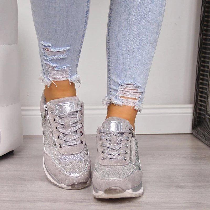 Stevvex women's gray metallic sneakers with lace-up front and side zipper thick platform sole on Tampa Home & Garden Store
