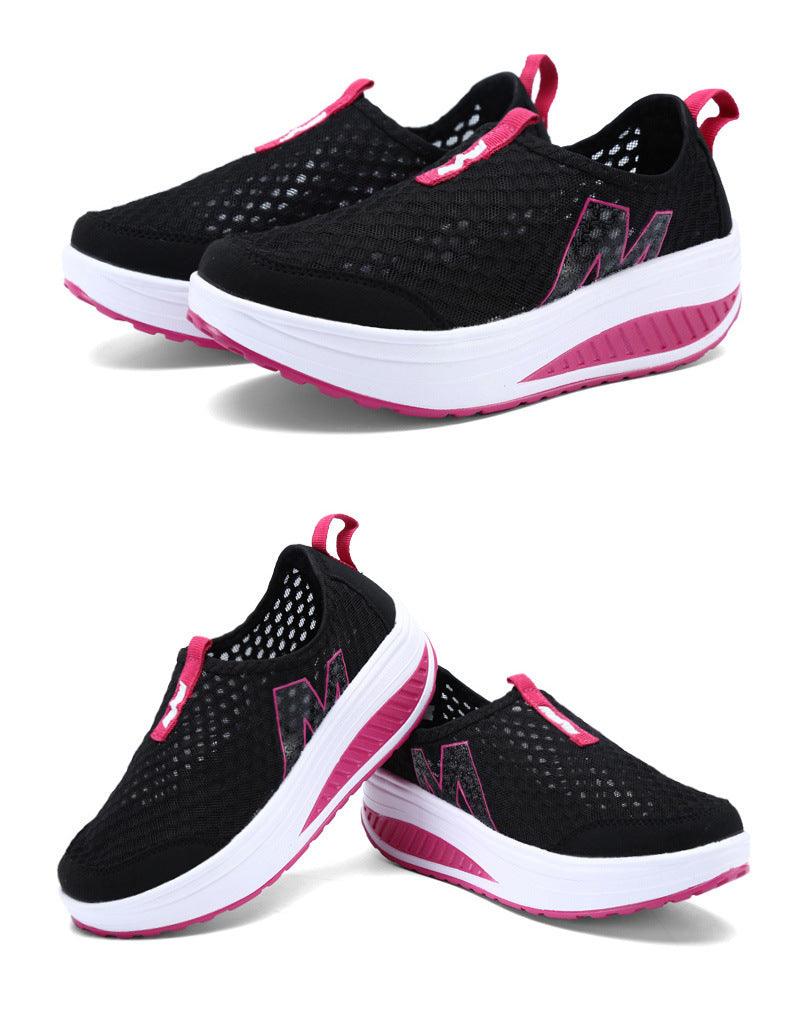 Black breathable mesh platform sneakers with pink accents; white sole, slip-on shoes on Tampa Home & Garden Store