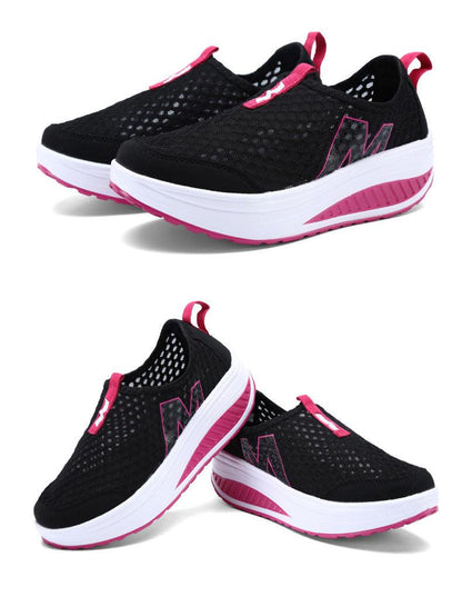 Black breathable mesh platform sneakers with pink accents; white sole, slip-on shoes on Tampa Home & Garden Store