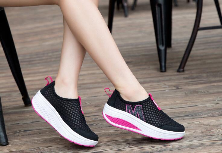 Stevvex women casual sneakers black breathable mesh with pink accents white platform sole pair on Tampa Home & Garden Store
