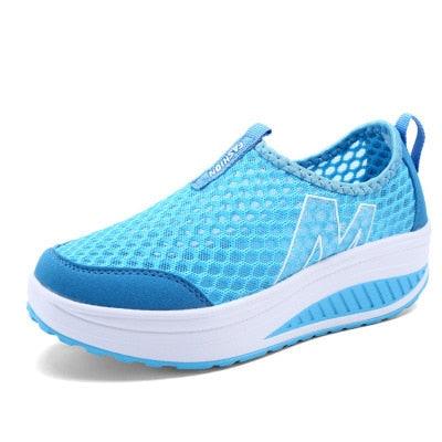 Women casual breathable air-mesh sneakers by Stevvex with platform sole in blue on Tampa Home & Garden Store