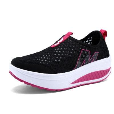 Women casual sneakers black breathable air mesh platform walking shoes with pink accents on Tampa Home & Garden Store