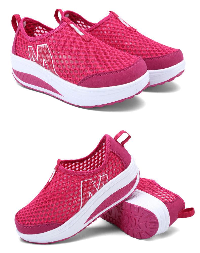 Stevvex women's pink breathable air-mesh sneakers with white platform sole, slip-on pair on Tampa Home & Garden Store