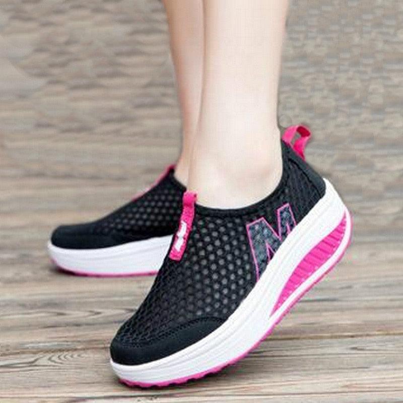 Women casual sneakers Stevvex, black mesh with pink accents, breathable platform walking shoes on Tampa Home & Garden Store