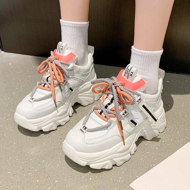 Stevvex women chunky sneakers with peach laces, white platform vulcanized shoes pair on Tampa Home & Garden Store