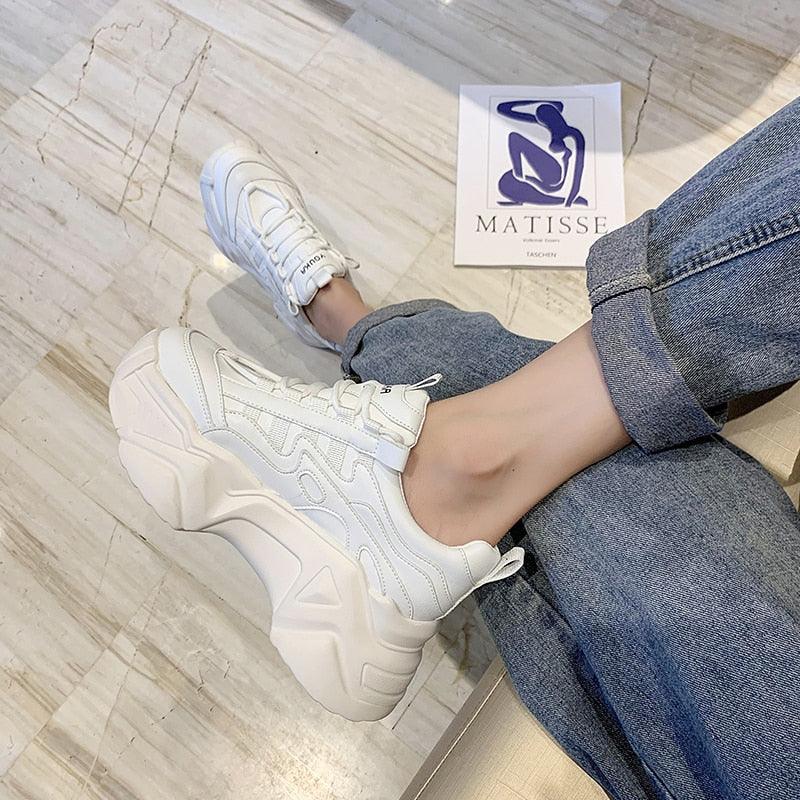 Stevvex women chunky platform sneakers white lace-up vulcanized casual shoes on Tampa Home & Garden Store